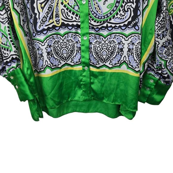 Zara Green Paisley Floral Satin Scarf Button Down Blouse Boho St Patty Day M - Picture 4 of 14